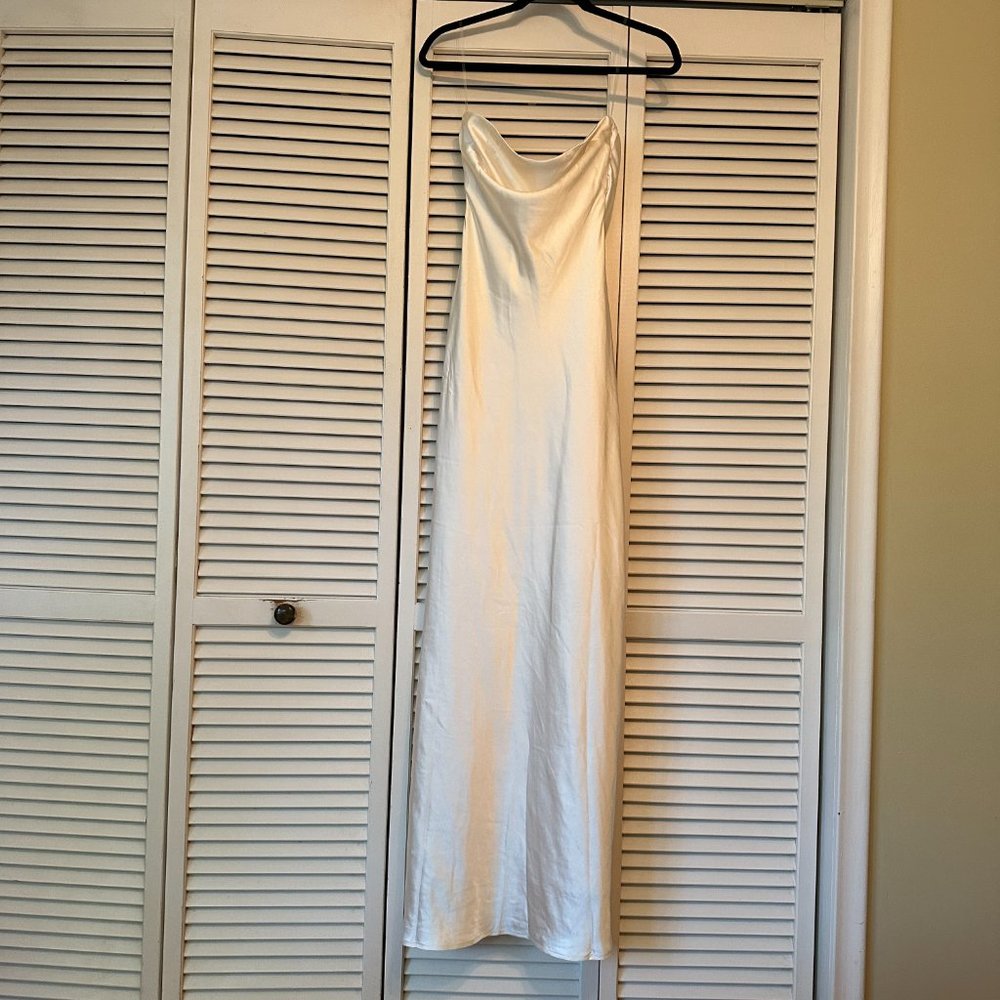 STRAPLESS COWL BACK SATIN MAXI DRESS